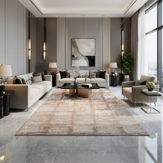 Modern living room with beige sofas, marble floor, abstract wall art, and natural light