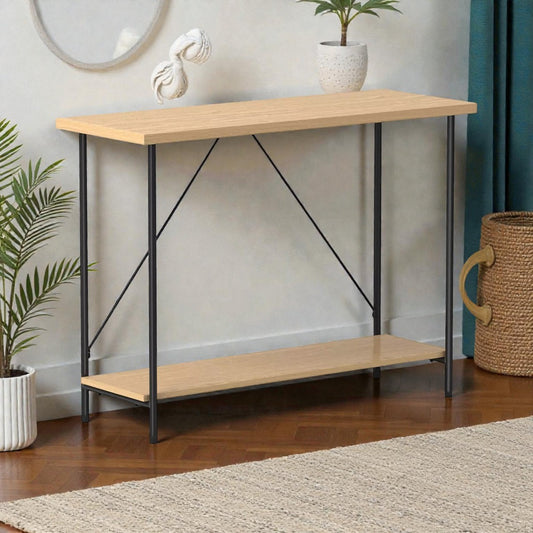 Modern console table with light wood shelves and black metal frame in stylish living room