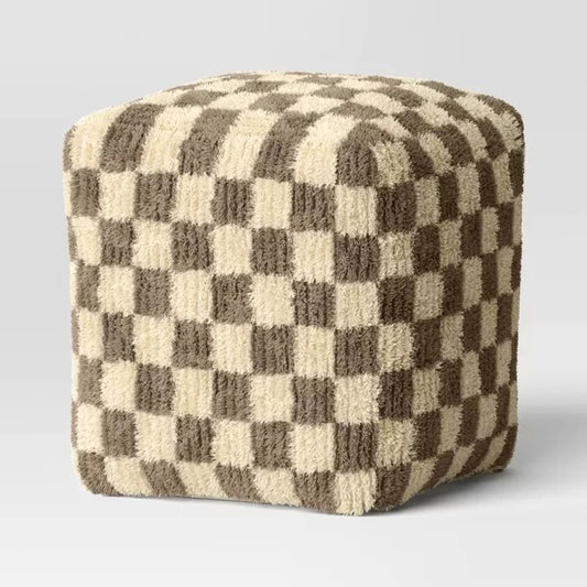 Checkerboard Pouf Cream/Brown - Threshold Ottoman, No Assembly