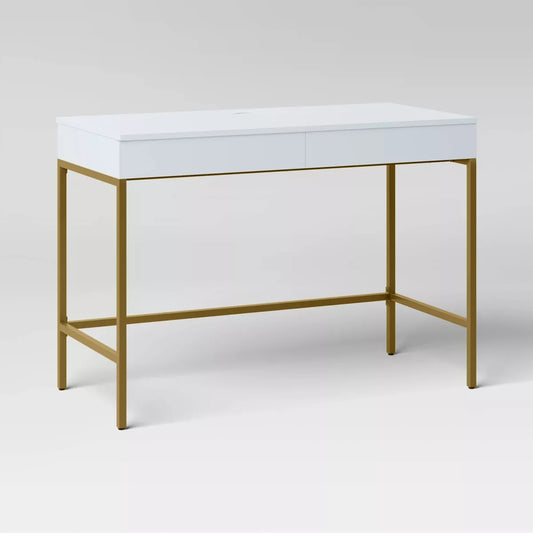 Loring Wood Writing Desk with Drawers and Charging Station White/Gold - Threshold: Home Office, USB Port