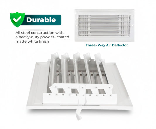 Air Vent Cover 12 x 6 Inch – Three-Way HVAC Register for Wall or Ceiling, Steel Construction, White - Yalz Store