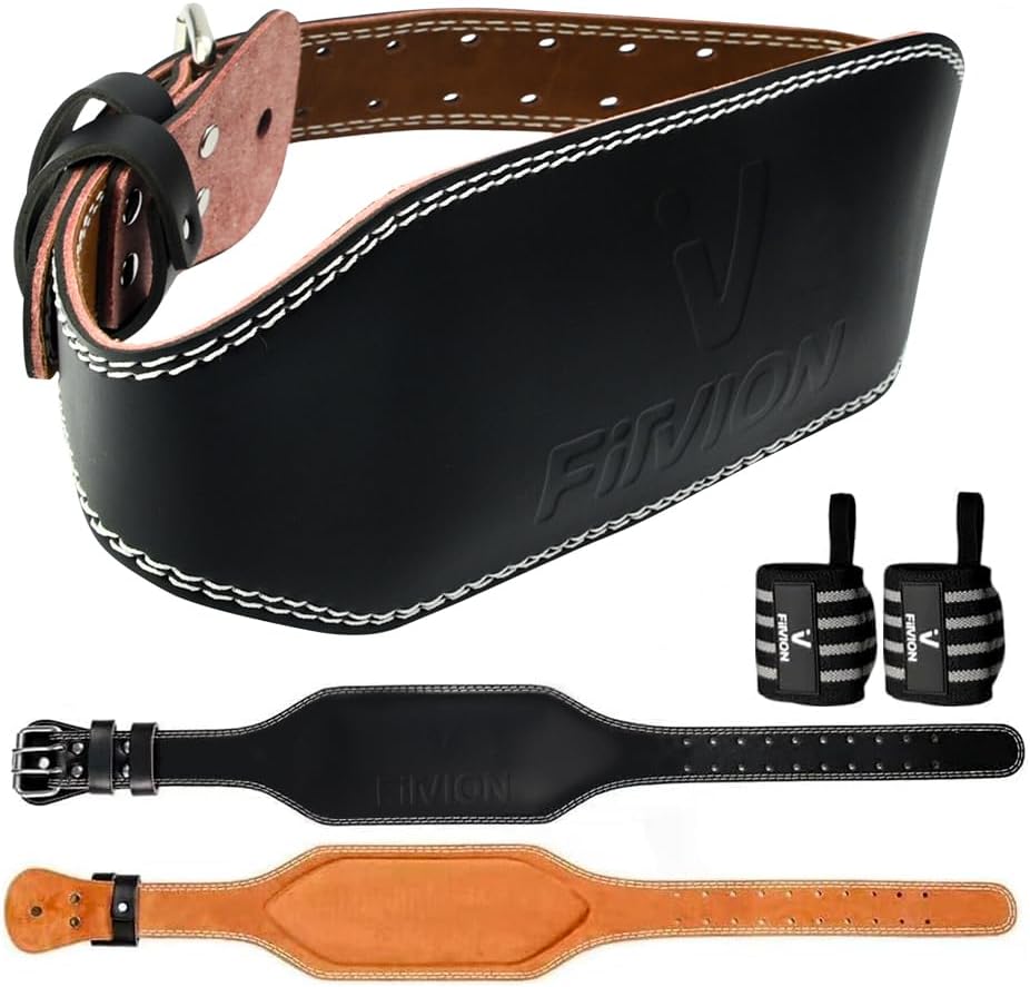 Genuine Leather Weight Lifting Belt with Free Wrist Wraps, 6-Inch Wide Gym Belt for Men & Women