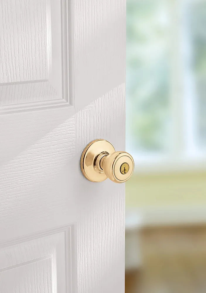 Exterior Key Lock Door Knob, Single Cylinder Entry Handle, Polished Brass Finish