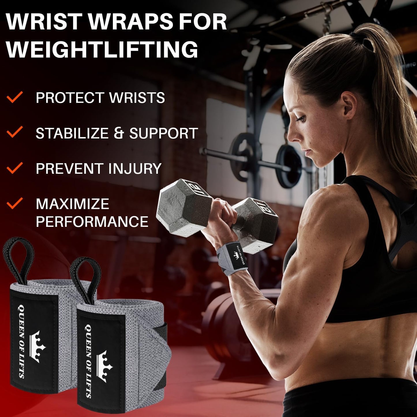 TECEUM Weightlifting Wrist Wraps with Thumb Loop – Gray – Queen of Lifts – 18 inch – Heavy-Duty Workout Wrist Support & Protection – Ideal for Powerlifting, Strength Training, Bodybuilding