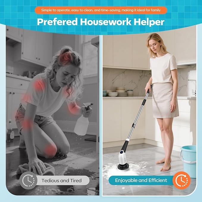 Electric Spin Scrubber, Cordless Cleaning Brush Power Shower Scrubber Long Handle Extendable Handheld Electric Scrubber for Bathroom Floor Tub Tile with 8 Replaceable Brush Heads & Hook