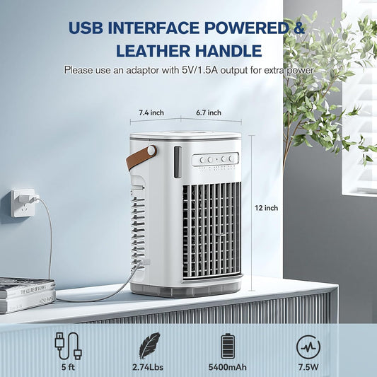 Mini Air Conditioner, Portable Air Conditioners w/Remote, 1.2L Water Tank & 2 Ice Boxes, Auto-off Timer, 5400mAh Built-in Battery, Evaporative Air Cooler With 3Speeds, Desktop Fan For HomeOutdoors
