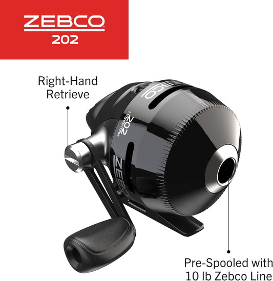 Zebco 202 Spincast Fishing Reel, Size 30 Reel, Right-Hand Retrieve, Durable All-Metal Gears, Stainless Steel Pick-up Pin, Pre-Spooled with 10-Pound Zebco Fishing Line, Black, Clam Packaging