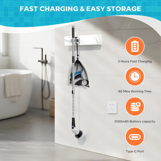 Electric Spin Scrubber, Cordless Cleaning Brush Power Shower Scrubber Long Handle Extendable Handheld Electric Scrubber for Bathroom Floor Tub Tile with 8 Replaceable Brush Heads & Hook