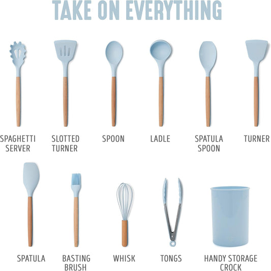 GreenLife 11 Piece Silicone Utensil Crock Set, Nonstick Kitchen Tools, Safe to 392°F, Ladle, Turner, Slotted Turner, Spatula, Spoon, Spaghetti Server, Basting Brush, Whisk, Tongs, Crock, Blue Haze