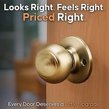 Interior Passage Door Knob, Non-Locking Reversible Handle, Polished Brass Finish