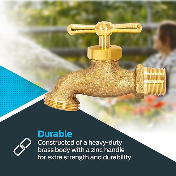 1/2-Inch MIP Heavy-Duty Brass Hose Bibb – Outdoor Garden Spigot with T-Handle