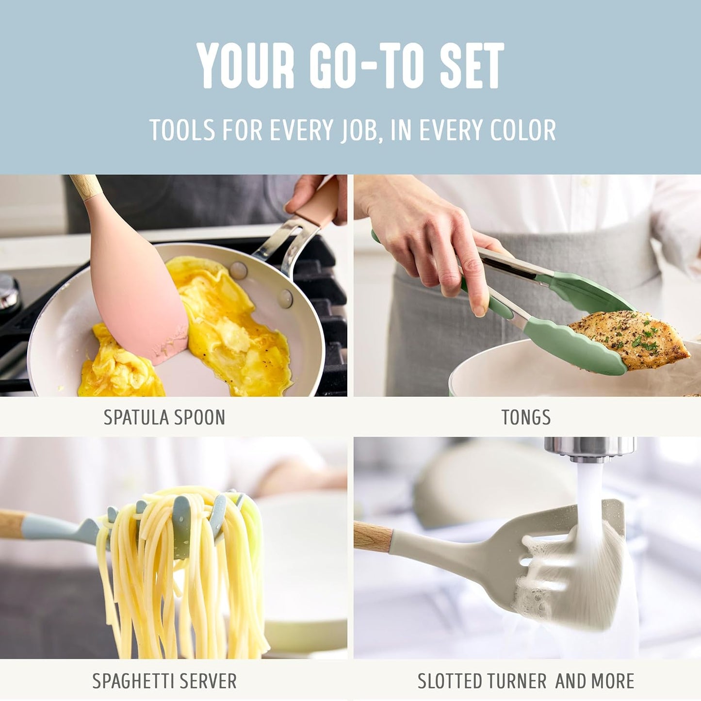 GreenLife 11 Piece Silicone Utensil Crock Set, Nonstick Kitchen Tools, Safe to 392°F, Ladle, Turner, Slotted Turner, Spatula, Spoon, Spaghetti Server, Basting Brush, Whisk, Tongs, Crock, Blue Haze