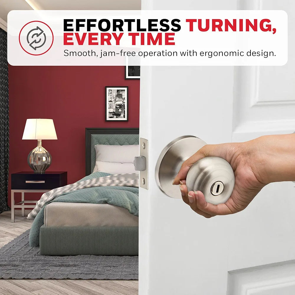 Satin Nickel Interior Door Knob with Lock & Key – Bedroom and Privacy Door Handle