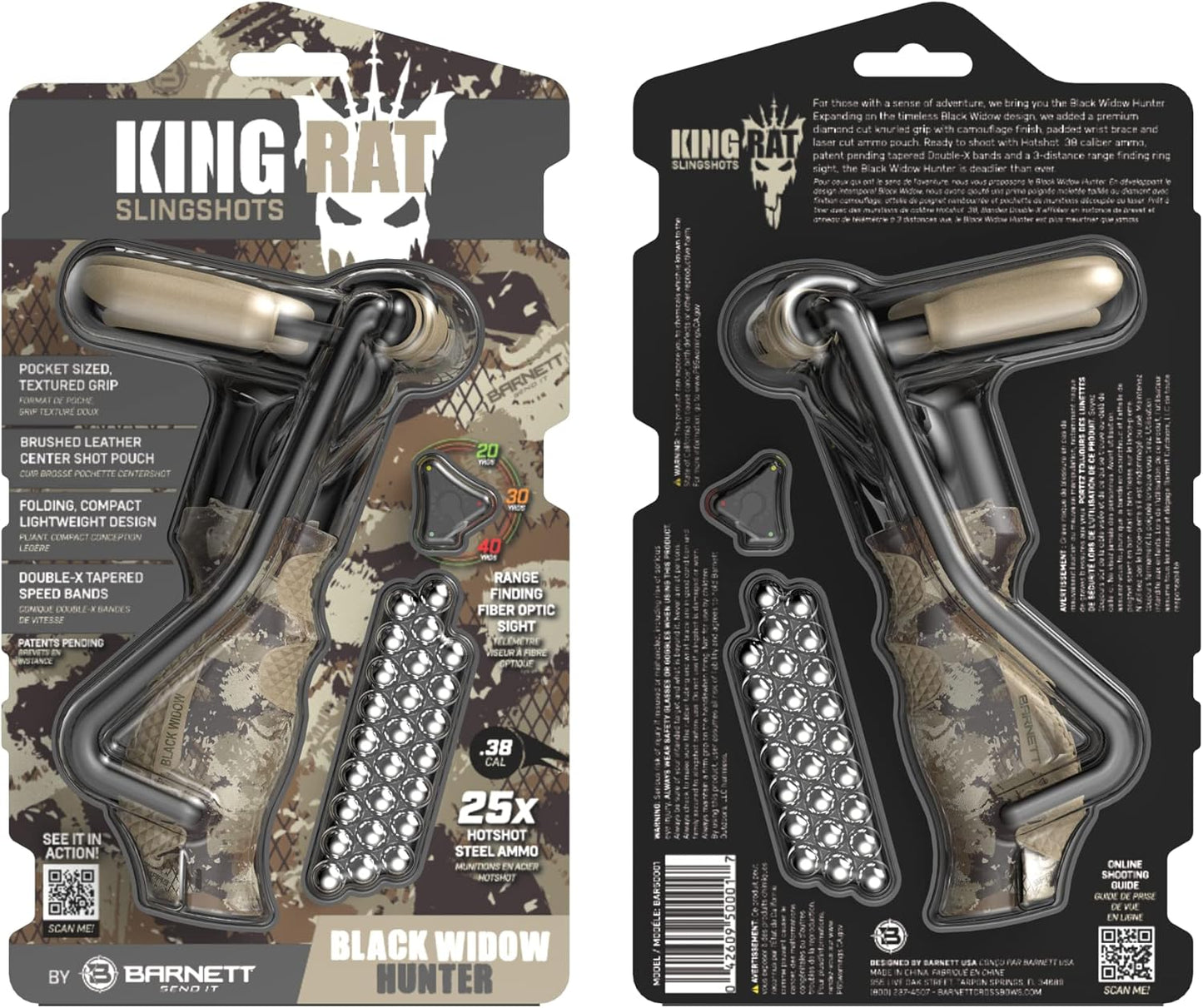 Barnett King Rat Slingshots, Black Widow Hunter Slingshot, Includes Double-X Tapered Speed Bands, Hotshot .38 Caliber Ammo, & Brushed Leather Pouch