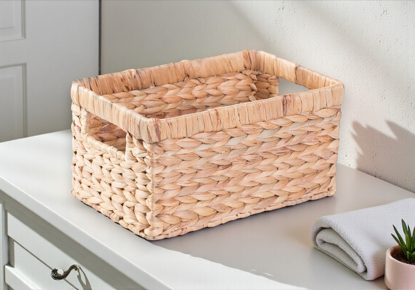 Natural Woven Water Hyacinth Wicker Rectangular Storage Bin Basket with Handles, Large - Yalz Store