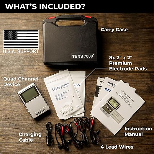 TENS 7000 Pro Rechargeable Tens Unit Muscle Stimulator, 4 Channels, Back Pain Relief, 8 Electrodes/Unit Pads, EMS and TENS Machine, Muscle Recovery & Growth, Stim Machine, Electrotherapy