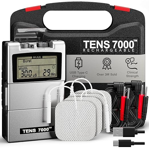 TENS 7000 Rechargeable Tens Unit Muscle Stimulator, EMS Muscle Stimulator, Back Pain Relief, 4 Electrodes/Unit Pads, Period Pain Simulator, Muscle Recovery & Growth, Stim Machine, Electrotherapy