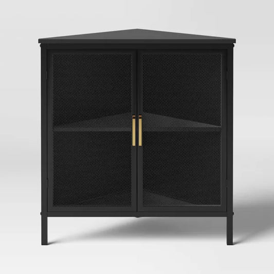 Black Mesh Corner Cabinet – V-Shaped Metal Storage with Gold Handles