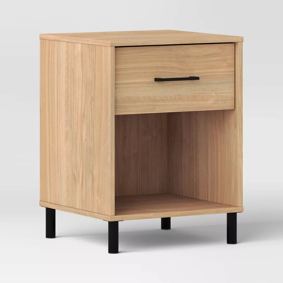 Mixed Material Dorm Nightstand – Natural Finish with Drawer, Open Shelf & Metal Legs