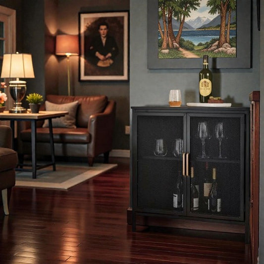 Black Mesh Corner Cabinet – V-Shaped Metal Storage with Gold Handles - Yalz Store