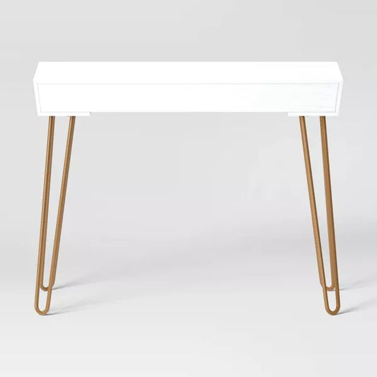 Hairpin Writing Desk with Storage White - Threshold: Brass Legs, Laminated Surface, Open Shelf