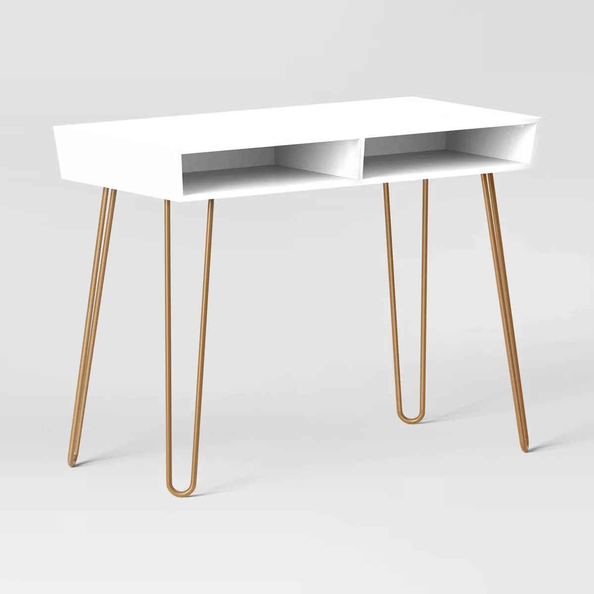 Hairpin Writing Desk with Storage White - Threshold: Brass Legs, Laminated Surface, Open Shelf