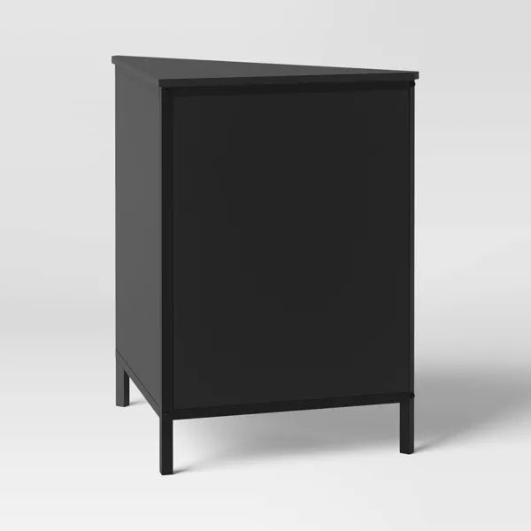 Black Mesh Corner Cabinet – V-Shaped Metal Storage with Gold Handles