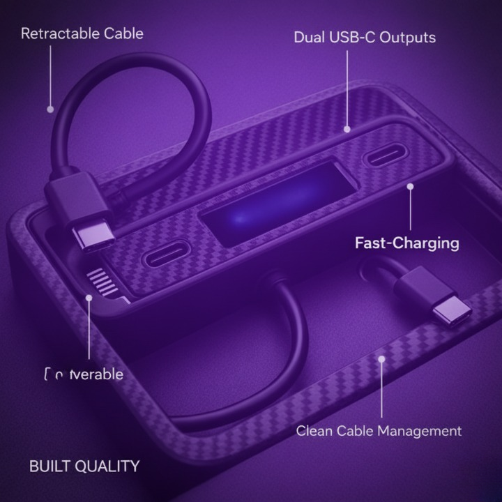 Dual USB-C Fast Charging Hub with Retractable Cables for Model 3/Y Center Console, 27W Car Charging Dock – Carbon Fiber