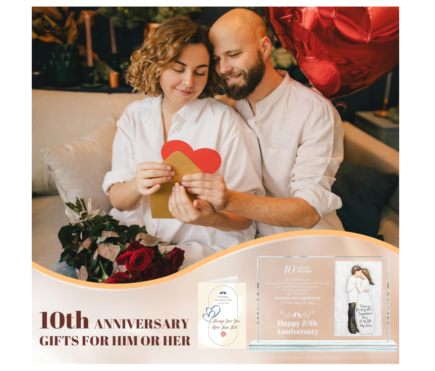 Dofunings 10th Wedding Anniversary Crystal Plaque Gifts for Parents Couple, Happy Anniversary Couple Figurine for Him Her, 10 Years of Marriage Crystal Decoration Keepsake Gift - Yalz Store