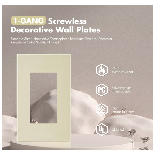 1-Gang Screwless Decorator Wall Plate, Glossy Ivory GFCI Outlet or Switch Cover, Unbreakable Polycarbonate Electrical Wallplate, Standard Size, 1 Pack - Yalz Store