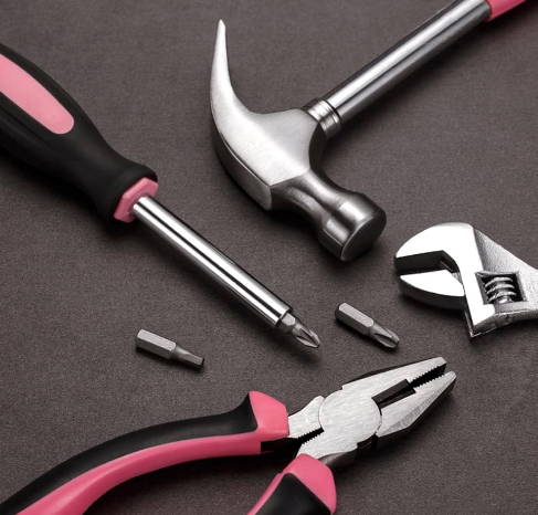 15-Piece Pink Hand Tool Set for Home & DIY, Includes Hammer, Screwdrivers, Pliers, Tweezers & Tape Measure