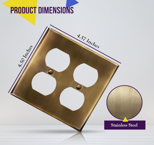 Double Duplex Receptacle Metal Wall Plate, 2-Gang Stainless Steel Outlet Cover, Corrosion Resistant, UL Listed, Antique Brass