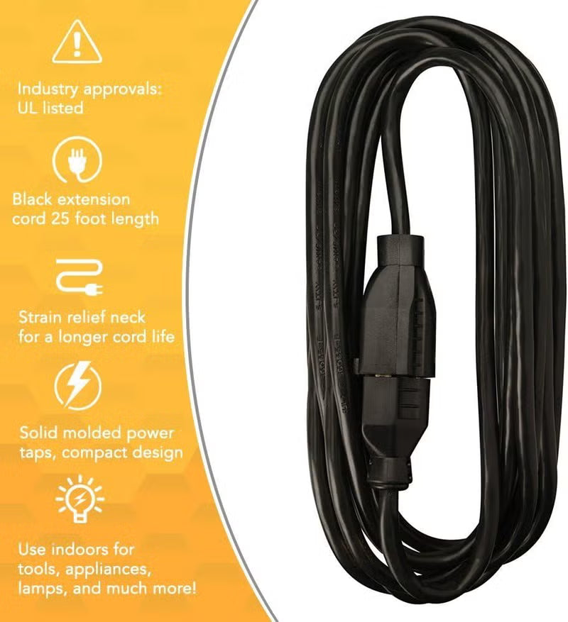 25ft Heavy Duty Office Extension Cord - Durable 3-Prong Power Cable (Black) - Yalz Store