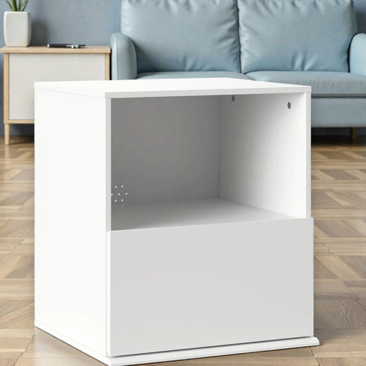 Modern white storage cube with open shelf and drawer on wooden floor in living room