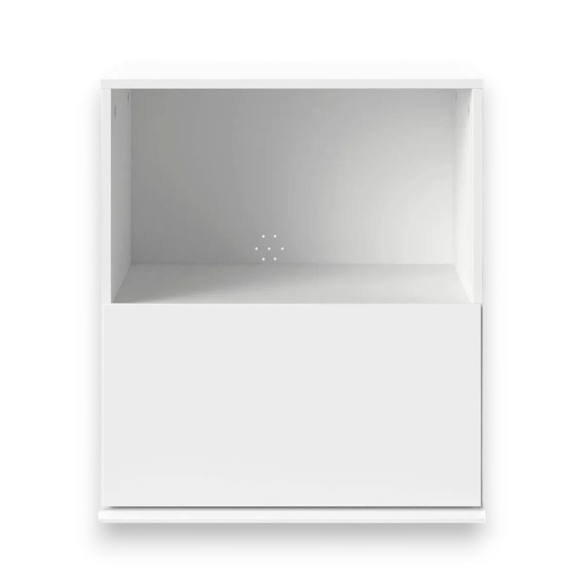 Modern white wall-mounted cabinet with open shelf and closed drawer storage