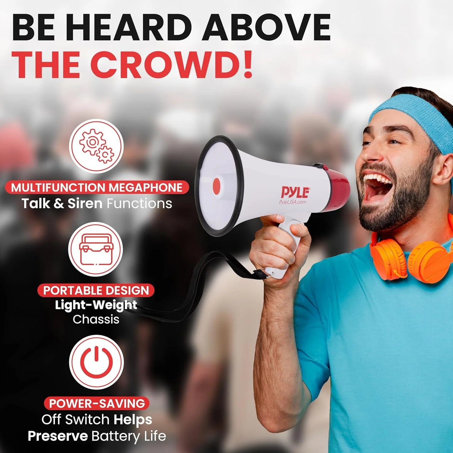 Pyle 20W Megaphone Bullhorn - 5.4'' x 8.6'' Portable Megaphone, Projection Range Up to 800 Sq. Yards, Voice Talking & Siren Alert, Shoulder Strap, Battery Operated, (White)