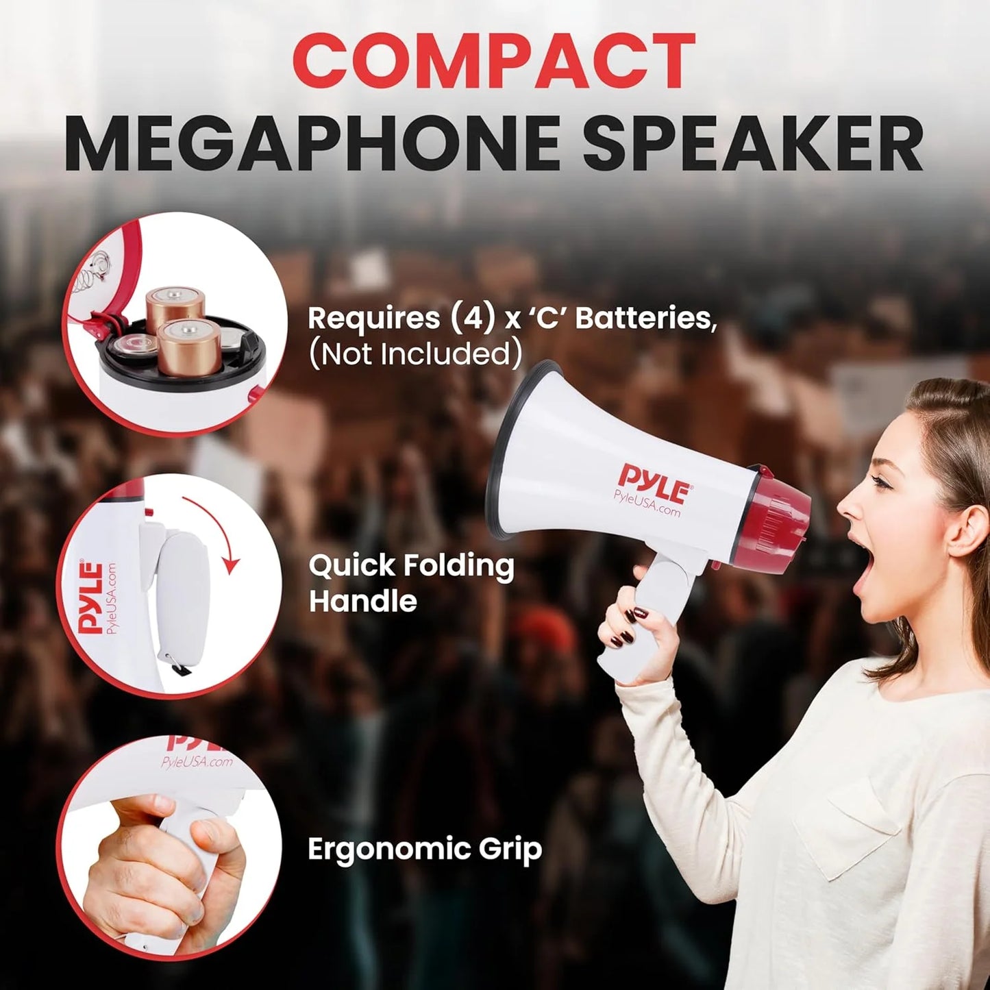 Pyle 20W Megaphone Bullhorn - 5.4'' x 8.6'' Portable Megaphone, Projection Range Up to 800 Sq. Yards, Voice Talking & Siren Alert, Shoulder Strap, Battery Operated, (White)
