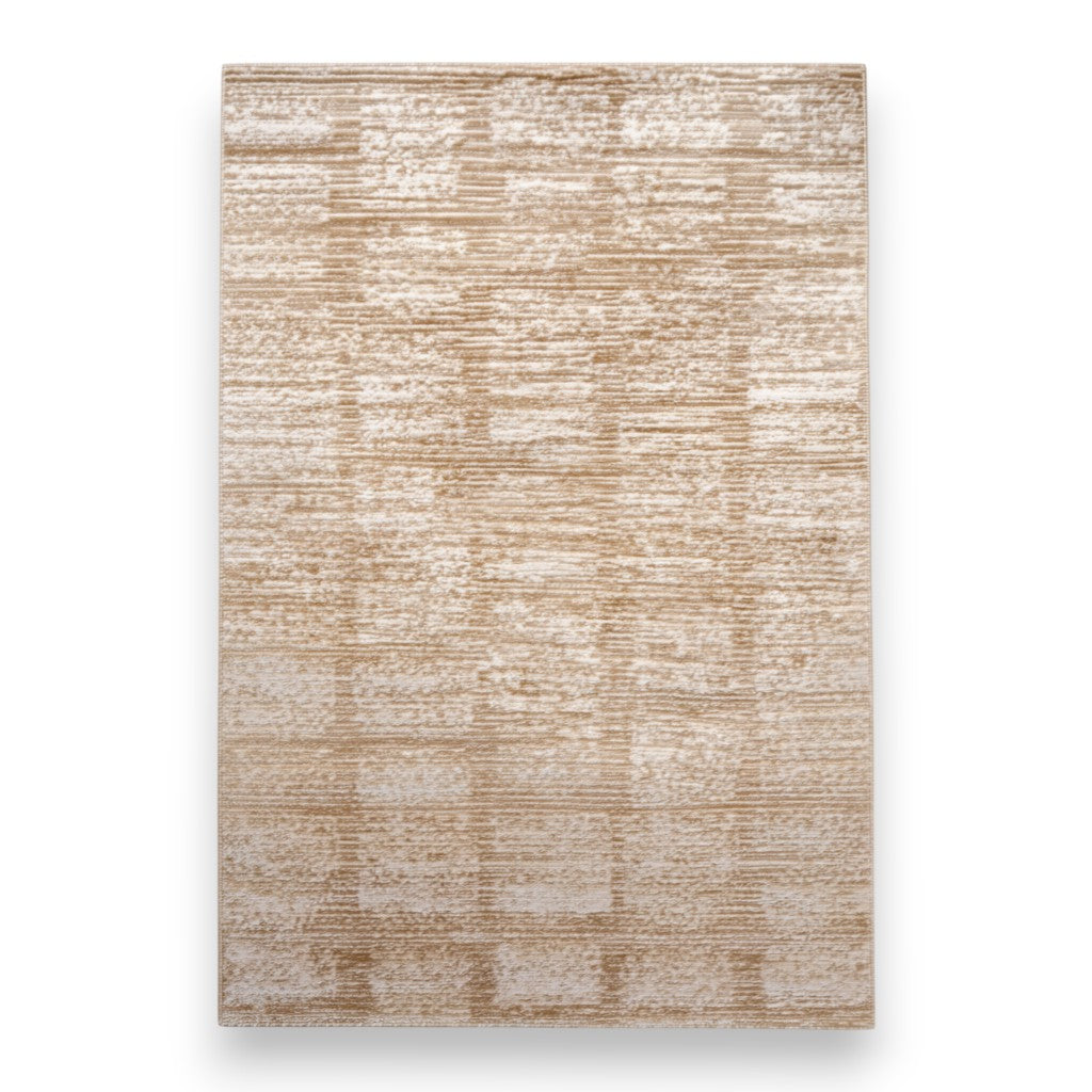 Beige and white textured area rug with abstract rectangular pattern on a white background