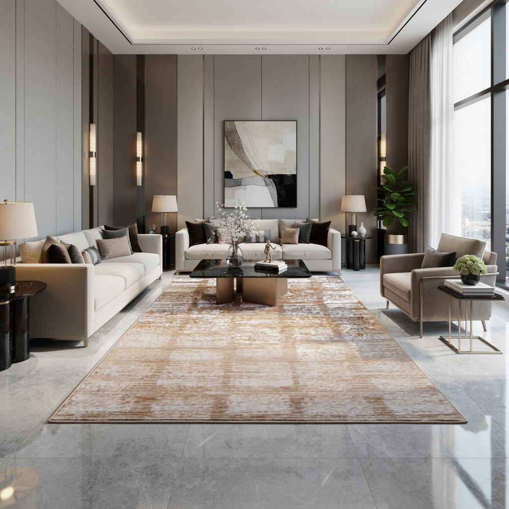 Modern living room with beige sofas, marble floor, abstract wall art, and natural light