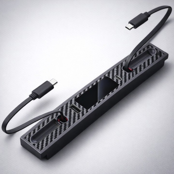 Dual USB-C Fast Charging Hub with Retractable Cables for Model 3/Y Center Console, 27W Car Charging Dock – Carbon Fiber