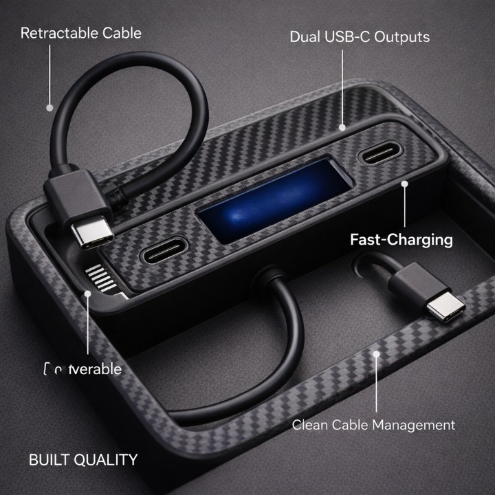 Dual USB-C Fast Charging Hub with Retractable Cables for Model 3/Y Center Console, 27W Car Charging Dock – Carbon Fiber