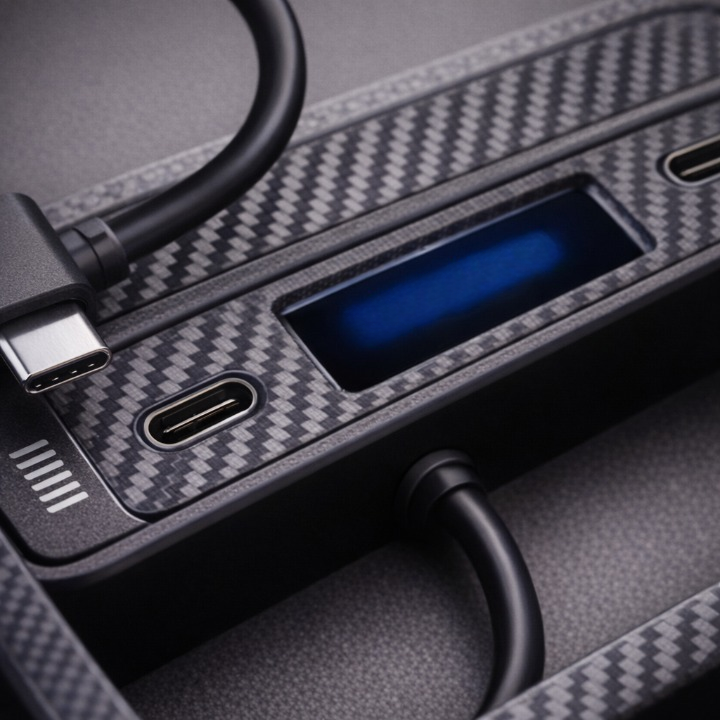 Dual USB-C Fast Charging Hub with Retractable Cables for Model 3/Y Center Console, 27W Car Charging Dock – Carbon Fiber