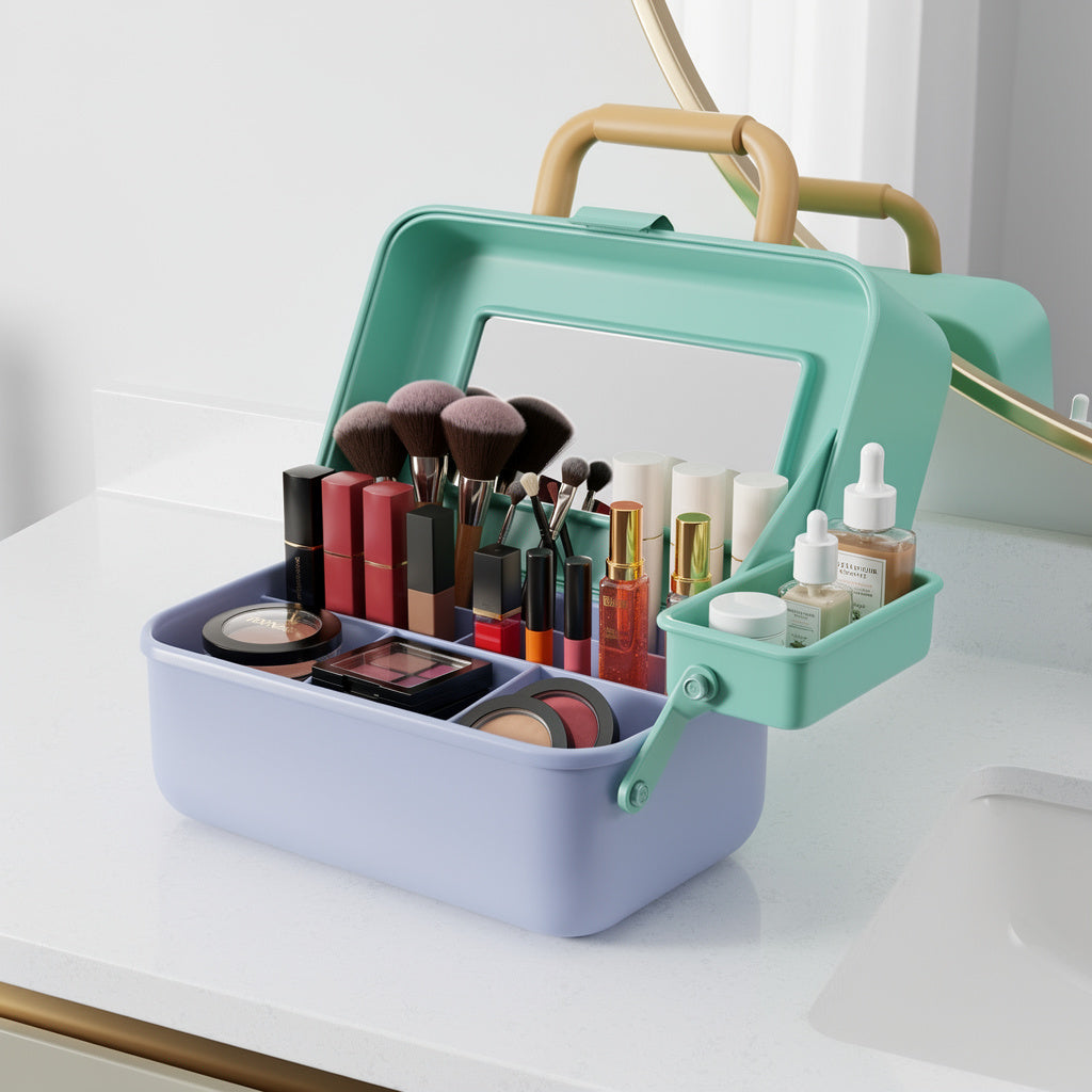 Cosmetic Organizer Box with 2 Swivel Trays, Mirror, Hard Plastic Storage Case, Travel Latch - Yalz Store