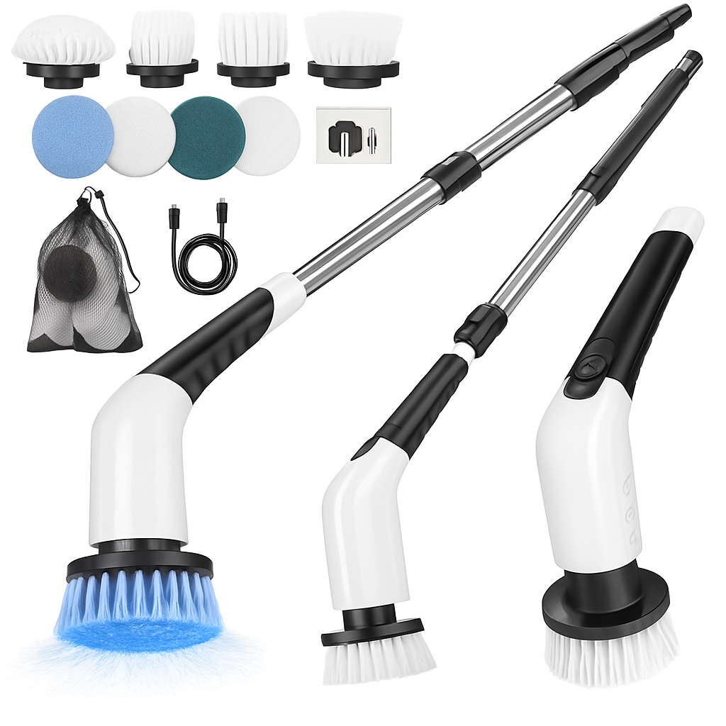 Electric Spin Scrubber, Cordless Cleaning Brush Power Shower Scrubber Long Handle Extendable Handheld Electric Scrubber for Bathroom Floor Tub Tile with 8 Replaceable Brush Heads & Hook - Yalz Store