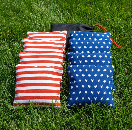 Cornhole Bean Bags Set of 8 – Regulation 6x6 Inch, 16 oz Each, All-Weather Duck Cloth, Red White Blue Stars & Stripes