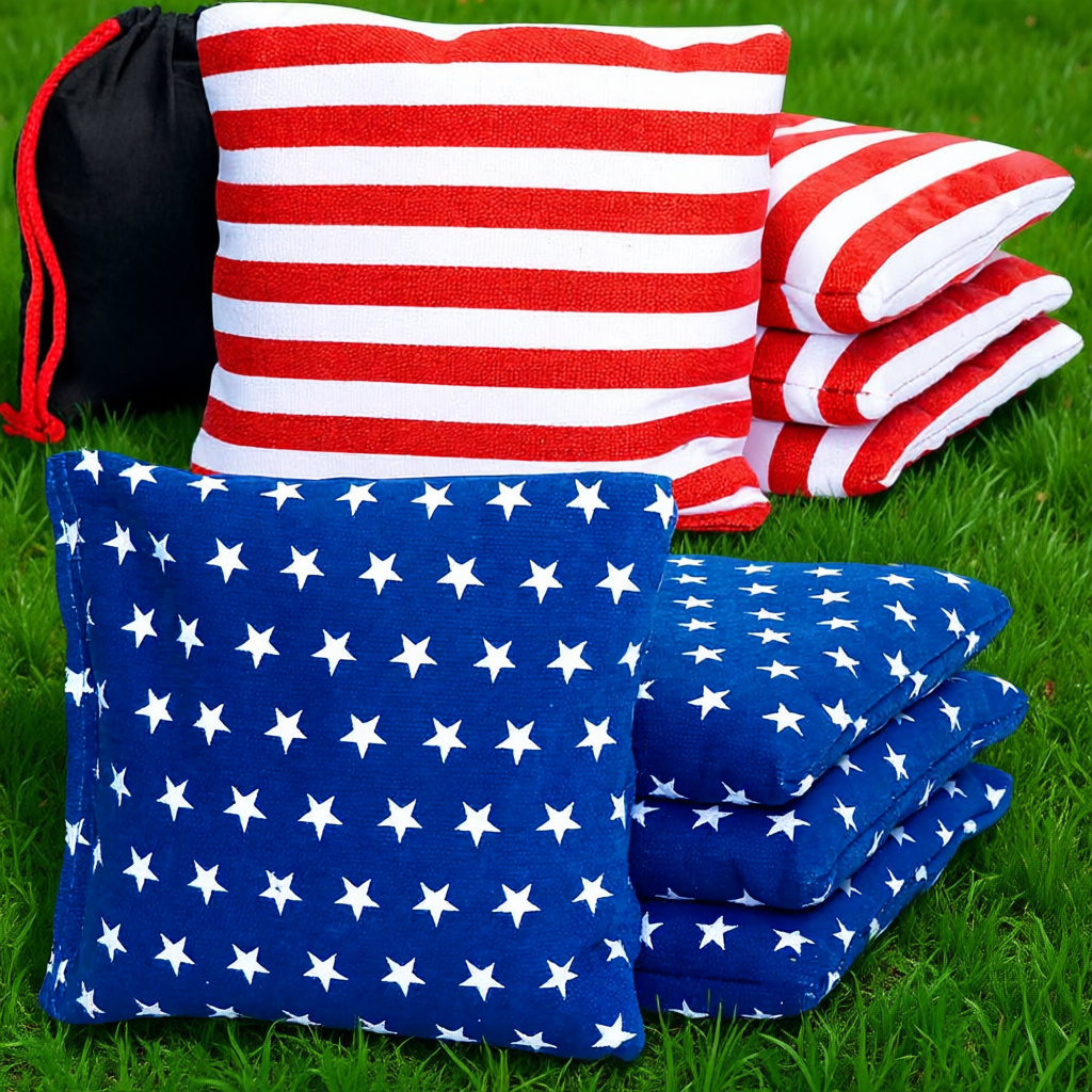 Cornhole Bean Bags Set of 8 – Regulation 6x6 Inch, 16 oz Each, All-Weather Duck Cloth, Red White Blue Stars & Stripes