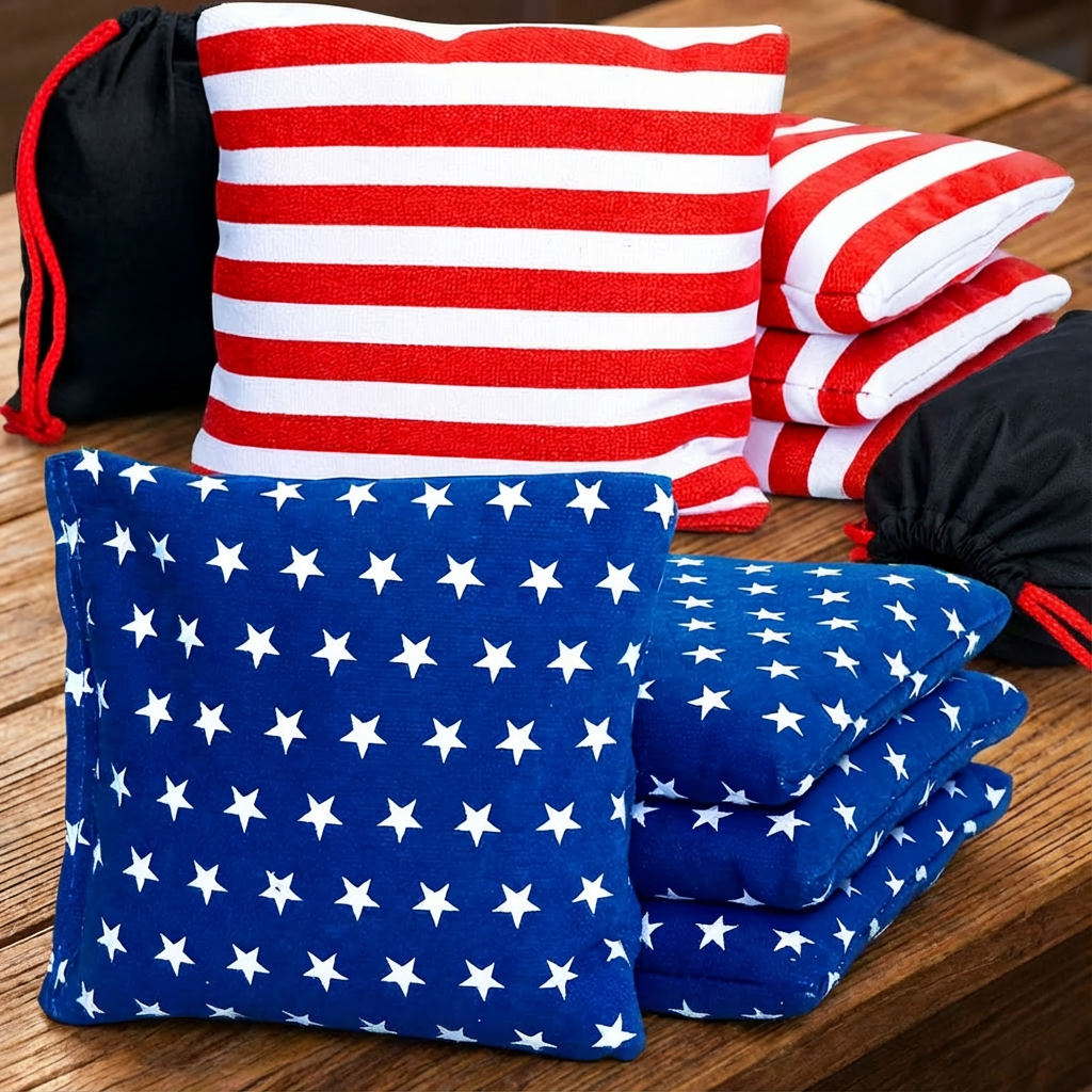 Cornhole Bean Bags Set of 8 – Regulation 6x6 Inch, 16 oz Each, All-Weather Duck Cloth, Red White Blue Stars & Stripes