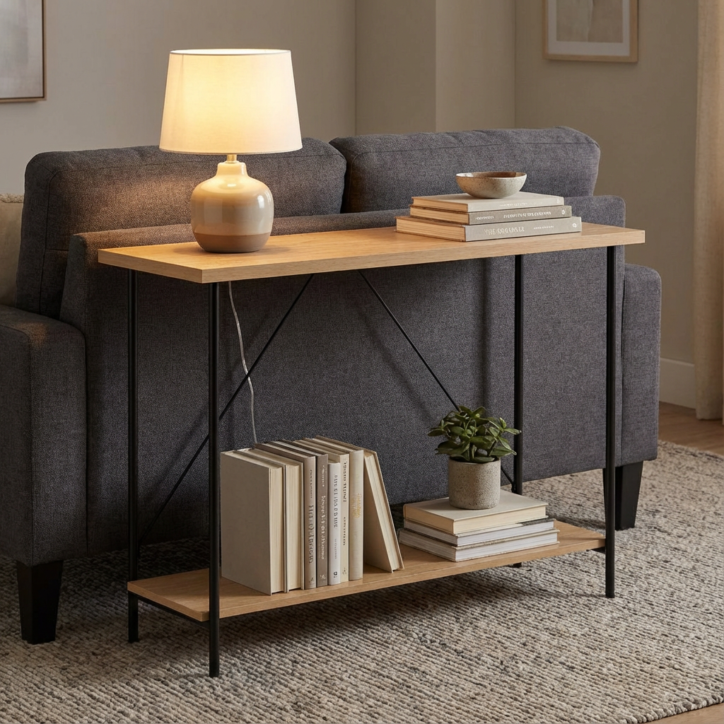 Wood and Metal Console Table Natural – Room Essentials Entryway Sofa Table, Slim Modern Industrial Design