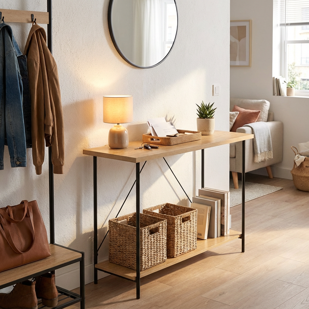 Wood and Metal Console Table Natural – Room Essentials Entryway Sofa Table, Slim Modern Industrial Design