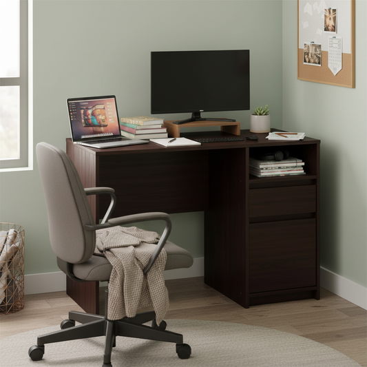 Dorm Storage Desk Espresso - Room Essentials: Home Office Computer Desk with Shelf & Metal Hardware
